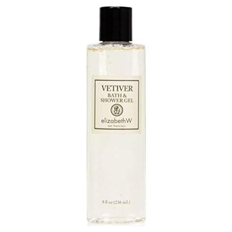 Elizabeth W Vetiver Bath and Shower Gel in a 236 ml bottle, featuring a clear container with the gel inside and product label visible.