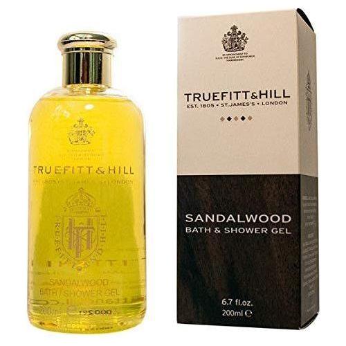 Truefitt & Hill Sandalwood Bath and Shower Gel in 6.7 oz bottle, featuring rich sandalwood scent and smooth gel texture.