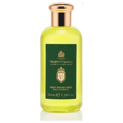 Truefitt & Hill West Indian Limes bath and shower gel in 3.38 oz bottle, featuring refreshing lime scent and classic packaging.