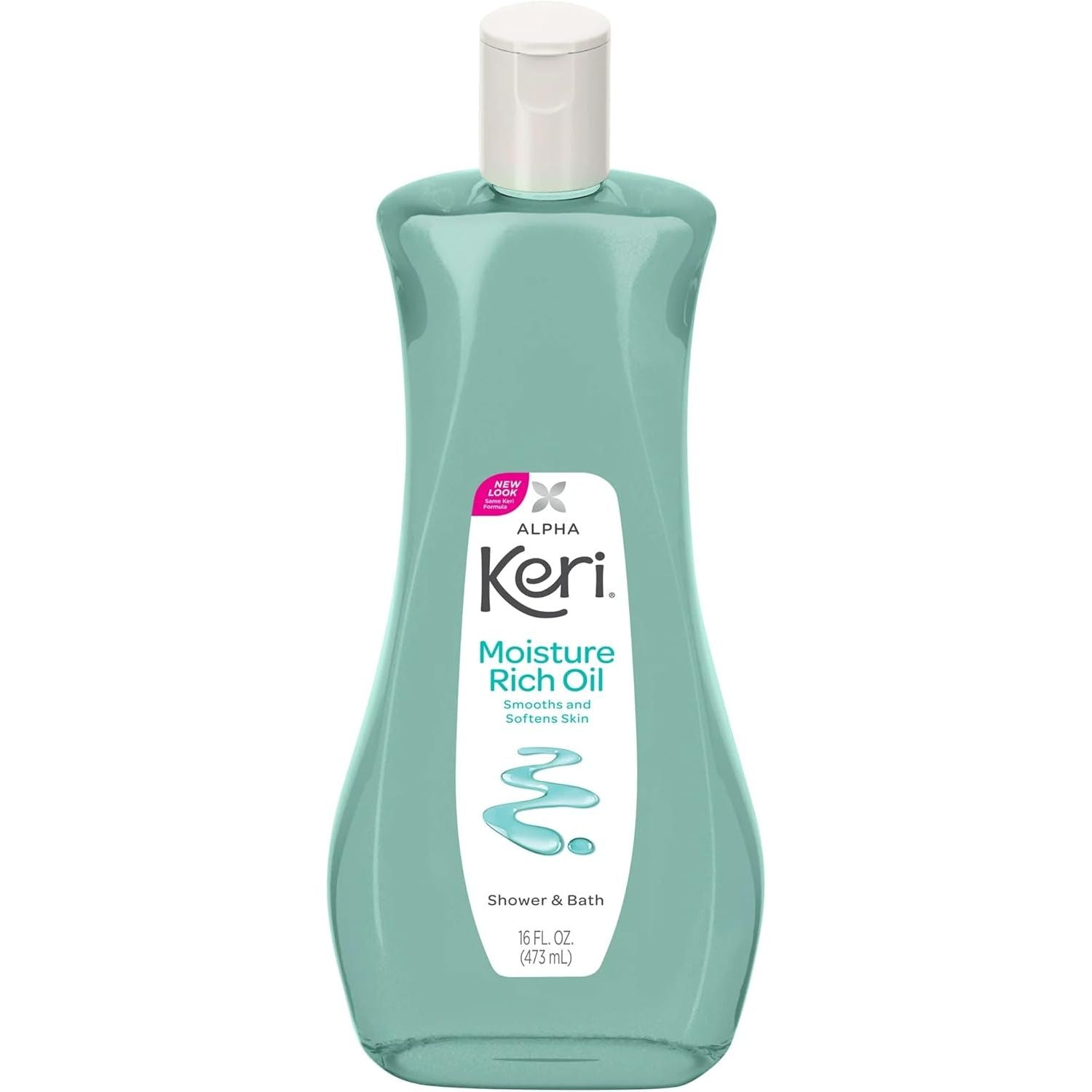 Alpha Keri Shower & Bath Moisture Rich Oil in 16 oz bottle, hydrating bath and body oil for soft, smooth skin.