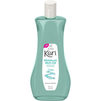 Alpha Keri Shower & Bath Moisture Rich Oil in 16 oz bottle, hydrating bath and body oil for soft, smooth skin.