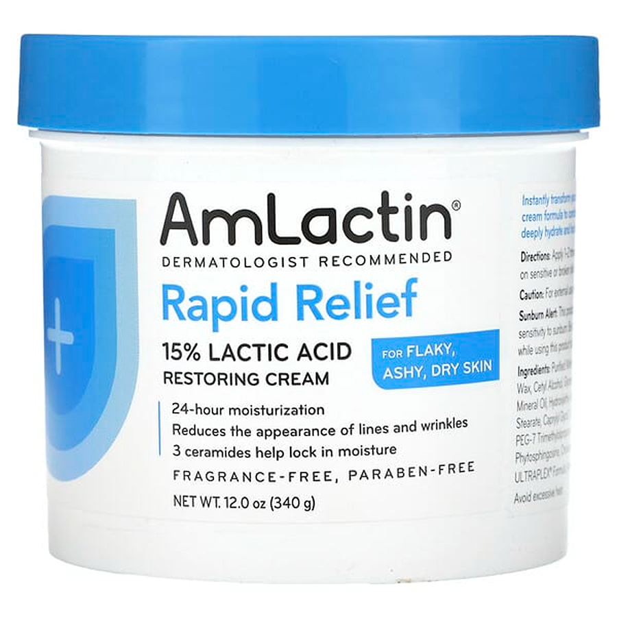AmLactin Rapid Relief Moisturizing Cream in 12 oz jar, a soothing bath and body moisturizer with visible cream texture.