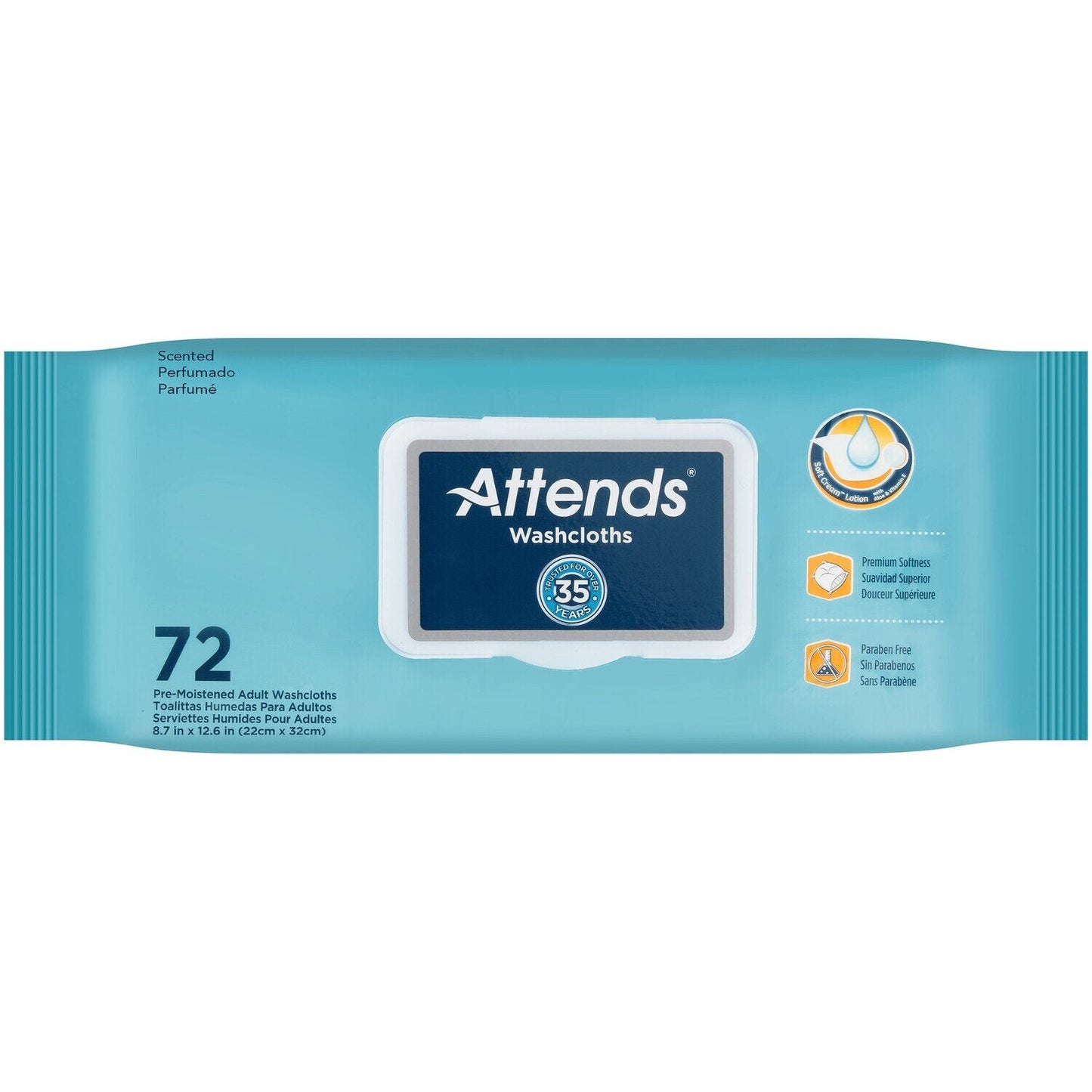 Attends Scented Washcloths by Pasteur Pharmacy, personal cleansing wipes in a case of 864, 12 packs of 72, for bath and body use.