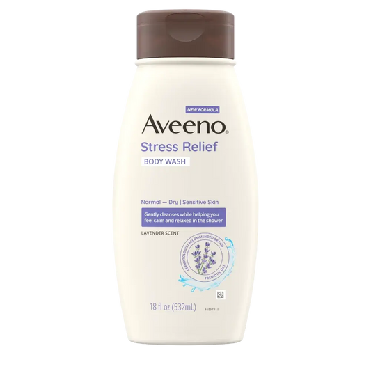 Aveeno Stress Relief Oat Body Wash with lavender scent in 18 oz bottle, soothing bath and body product with natural ingredients.