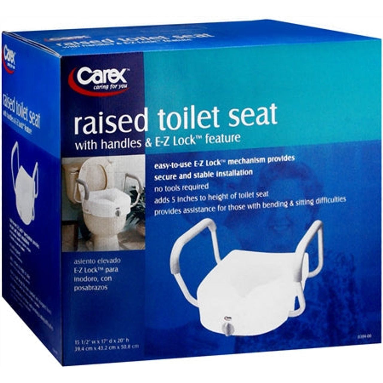 Carex E-Z Lock raised toilet seat with non-adjustable handles, designed for bathroom safety and accessibility.