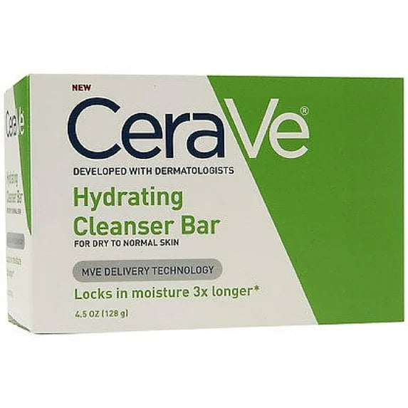 Cerave Hydrating Cleanser Bar 4.5 oz for gentle cleansing, shown in a white soap bar with blue branding on a clean surface.