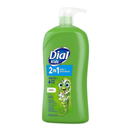 Dial Kids 2-in-1 Melon Body and Hair Wash bottle for kids, 32 fl oz, in a clear plastic container with a colorful label.