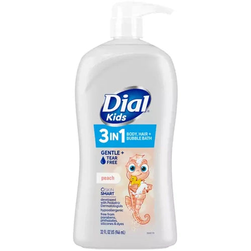 Dial Kids 3-in-1 Peach Bubble Bath, Body Wash, and Hair Cleaner in a 32 fl oz bottle, designed for gentle children's skincare.