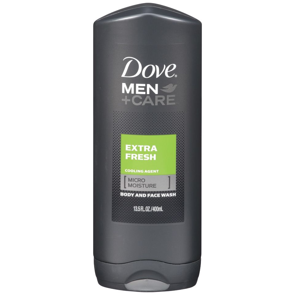 Dove Men+Care Extra Fresh Body and Face Wash in 13.5 oz bottle, designed for cleansing and refreshment.