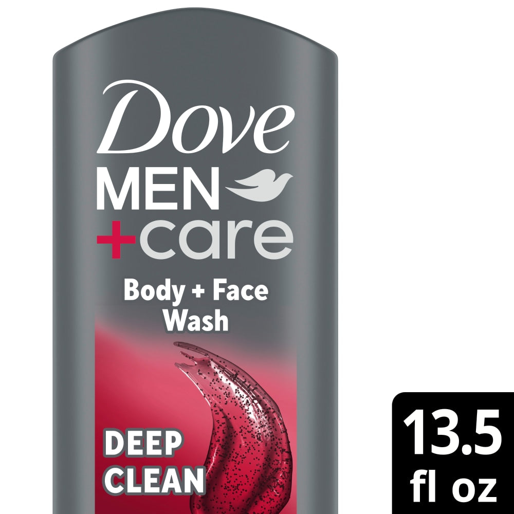 Dove Men+Care Deep Clean Body & Face Wash in 13.5 oz bottle, designed for effective cleansing of skin and face.