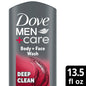 Dove Men+Care Deep Clean Body & Face Wash in 13.5 oz bottle, designed for effective cleansing of skin and face.