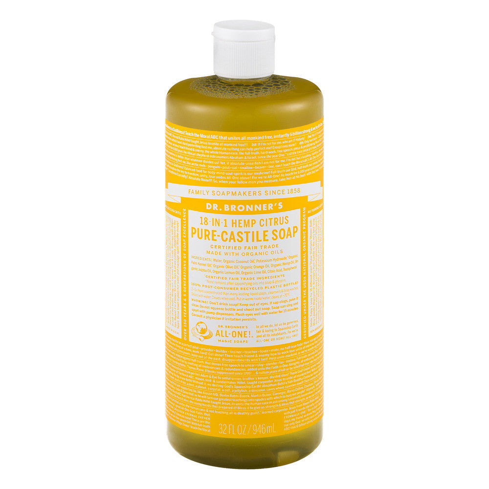 Dr. Bronner's 18-in-1 Hemp Organic Castile Liquid Soap in Citrus Orange, 32 oz bottle for bath and body use.