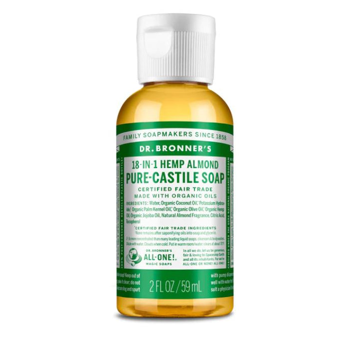 Dr. Bronner's Organic 18-in-1 Hemp Castile Liquid Soap Almond scent in 2 fl oz bottle, suitable for bath and body use.