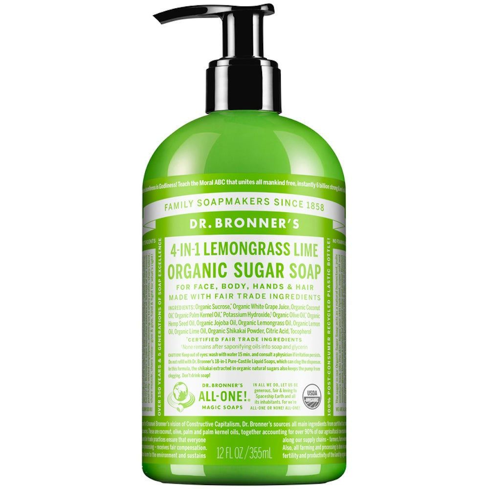 Dr. Bronner's Organic 4-in-1 Pump Soap in Sugar scent with lemongrass and lime, 12 oz bottle for bath and body use.