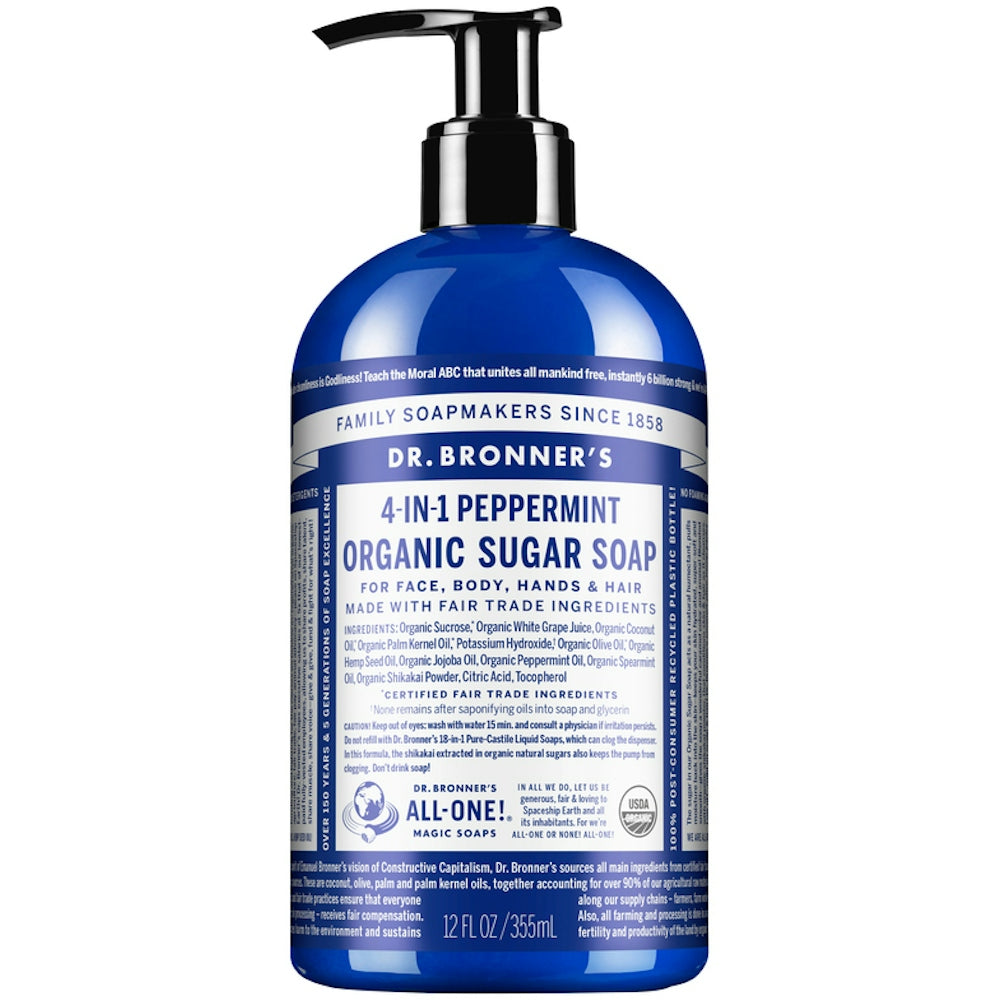 Dr. Bronner's Organic 4-in-1 Pump Soap with Sugar and Peppermint in a 12 fl oz bottle, suitable for bath and body use.