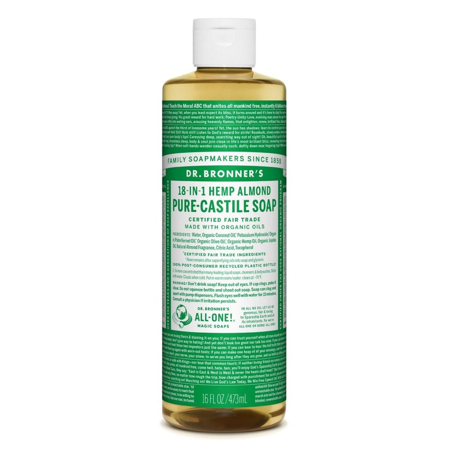 Dr. Bronner's Almond Castile Liquid Soap bottle, 16 fl oz, natural bath and body product with almond scent.