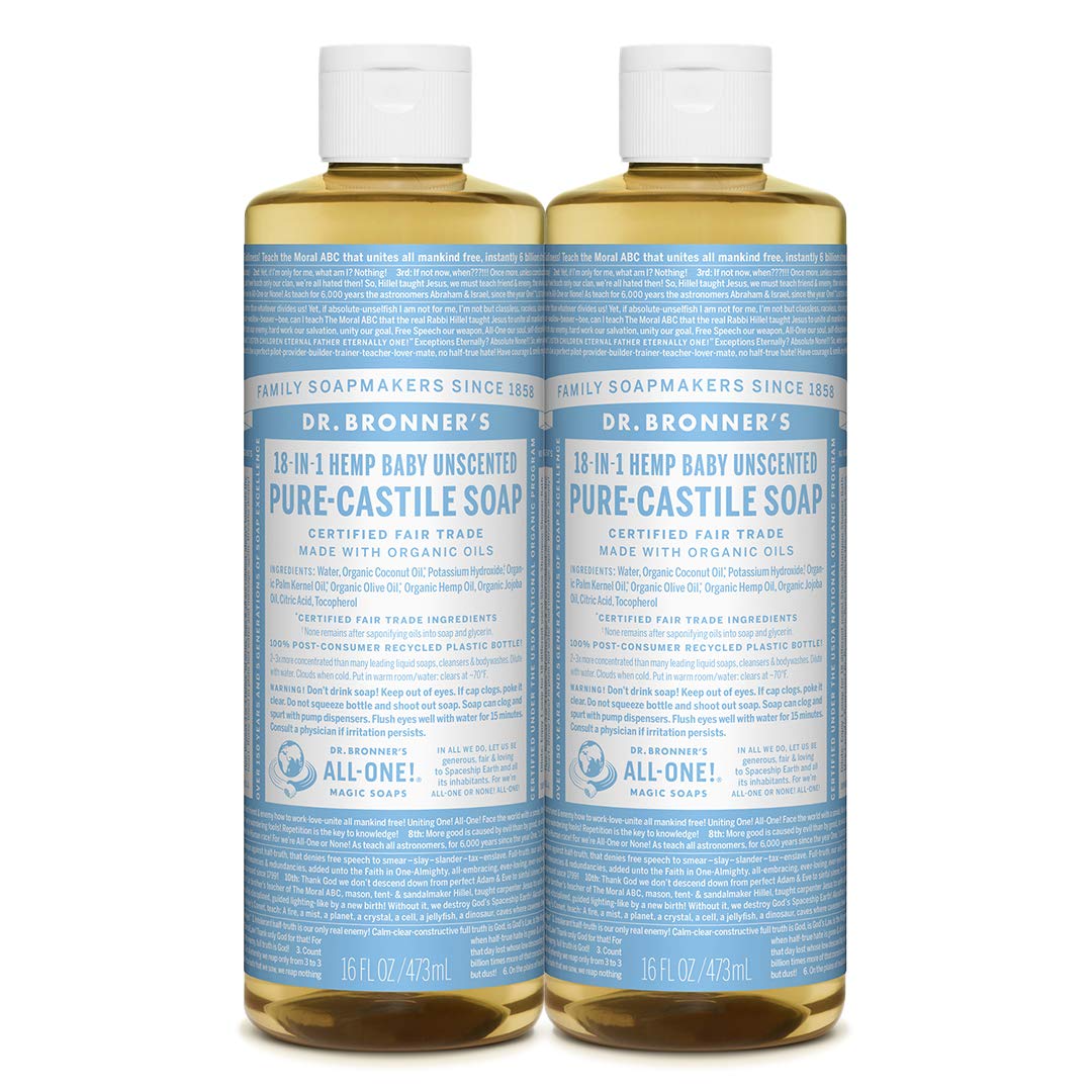 Dr. Bronner's Baby Mild Unscented Castile Liquid Soap in a 16 fl oz bottle, suitable for gentle bath and body use.