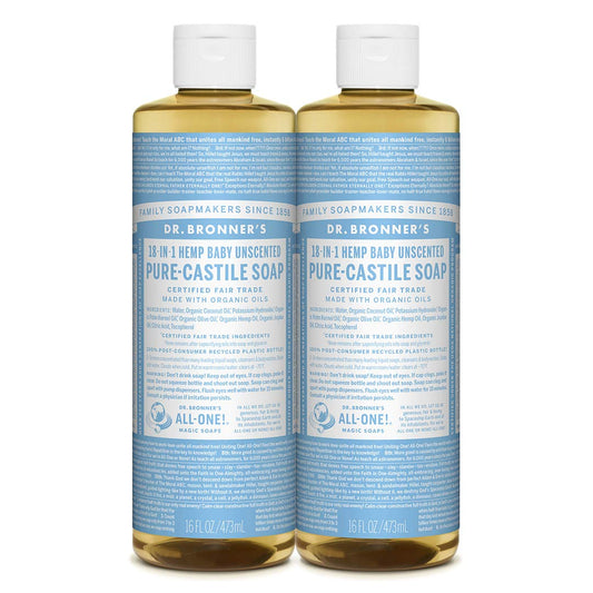 Dr. Bronner's Baby Mild Unscented Castile Liquid Soap in a 16 fl oz bottle, suitable for gentle bath and body use.