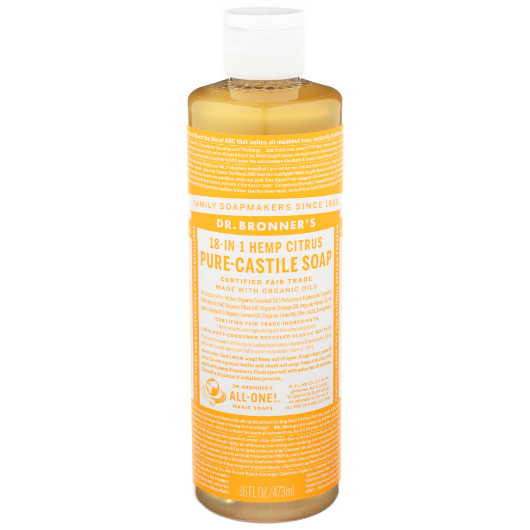 Dr. Bronner's Citrus Orange Castile Liquid Soap in a 16 fl oz bottle, natural bath and body product with fresh orange scent.