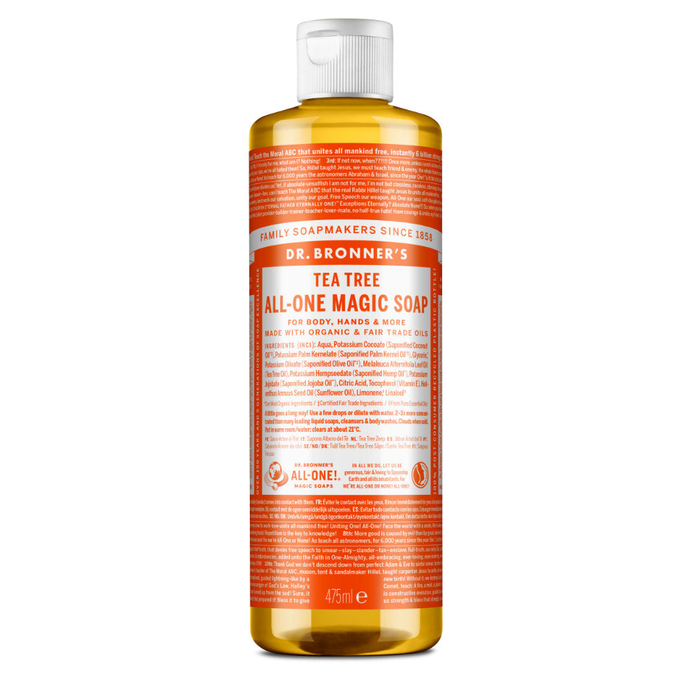 Dr. Bronner's Hemp Tea Tree Castile Liquid Soap in a 16 fl oz bottle, suitable for bath and body use, with a natural soap appearance.