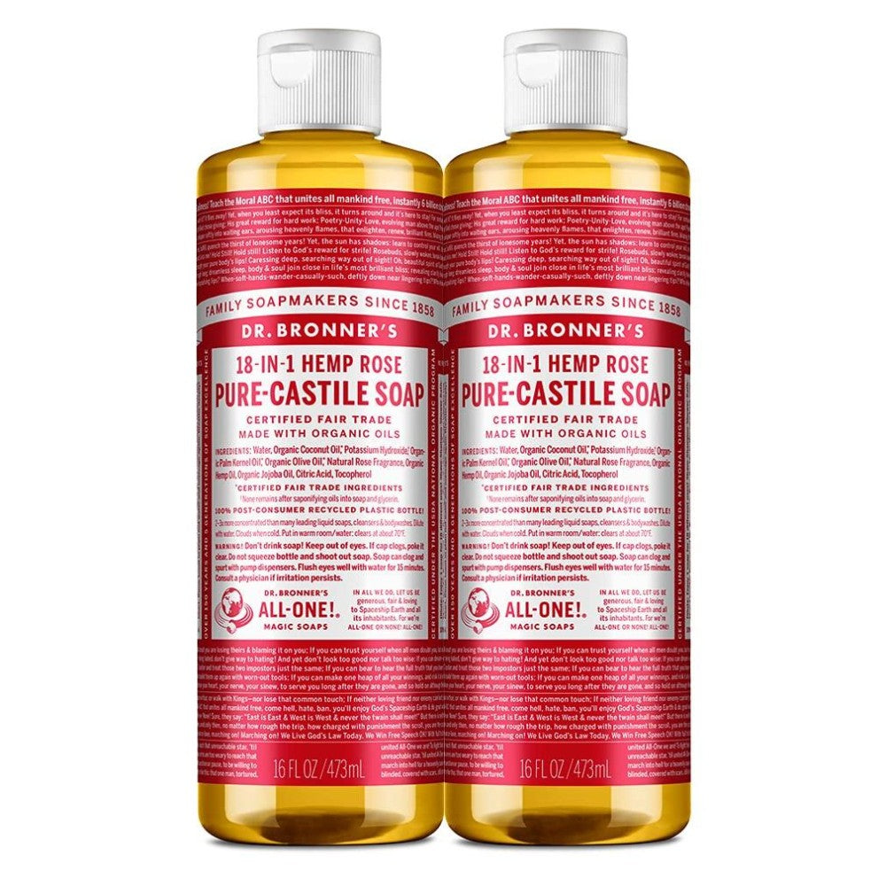 Dr. Bronner's Rose Castile Liquid Soap in a 16 fl oz bottle, natural bath and body product with a clear label and pump dispenser.