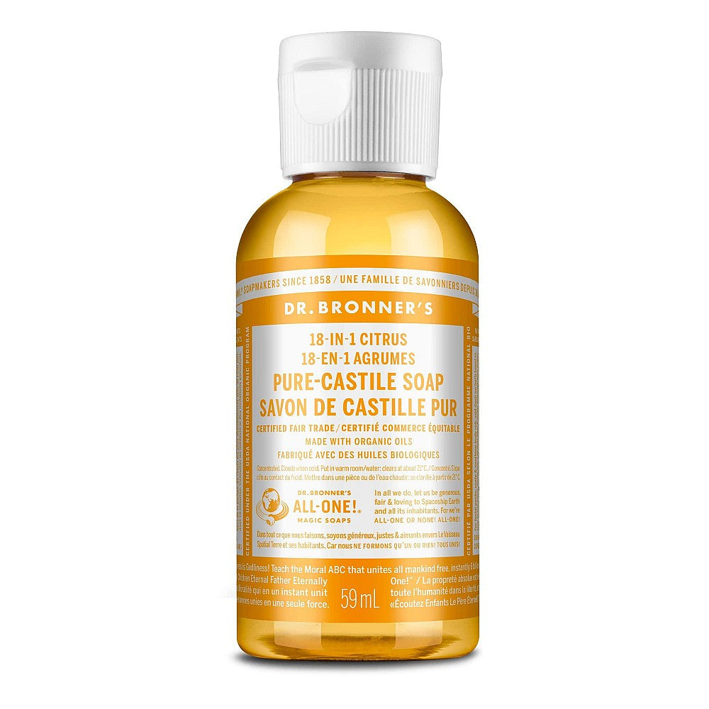 Dr. Bronner's Pure Castile Soap Liquid Organic Citrus Orange bottle for bath and body, featuring a label with orange and citrus imagery.