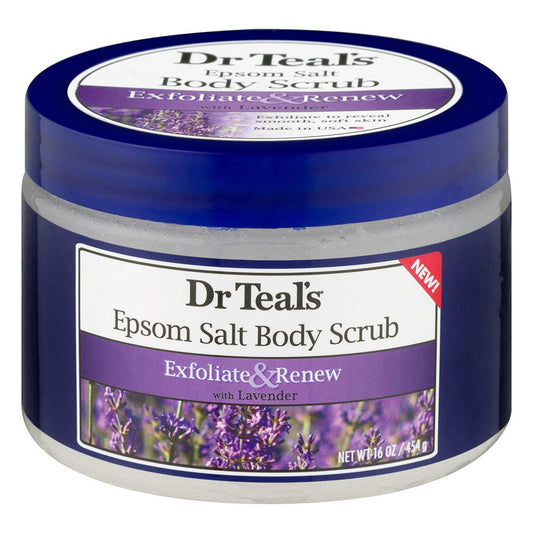 Dr Teal's Exfoliate & Renew Epsom Salt Body Scrub in 16 oz jar, moisturizing bath & body product with natural exfoliating ingredients.