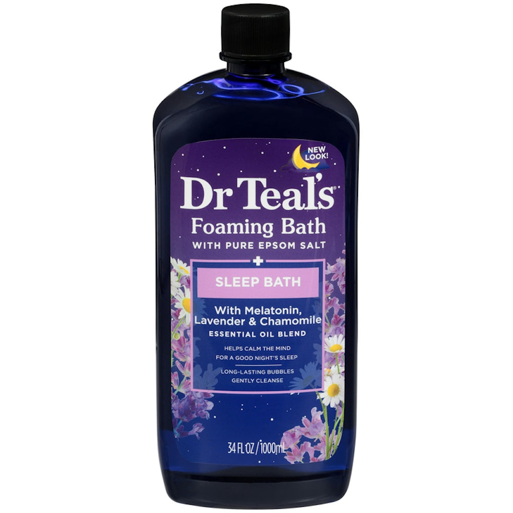 Dr Teal's Lavender & Chamomile Melatonin Sleep Bath in a 34 Fl Oz bottle, relaxing foaming bath for sleep and relaxation.