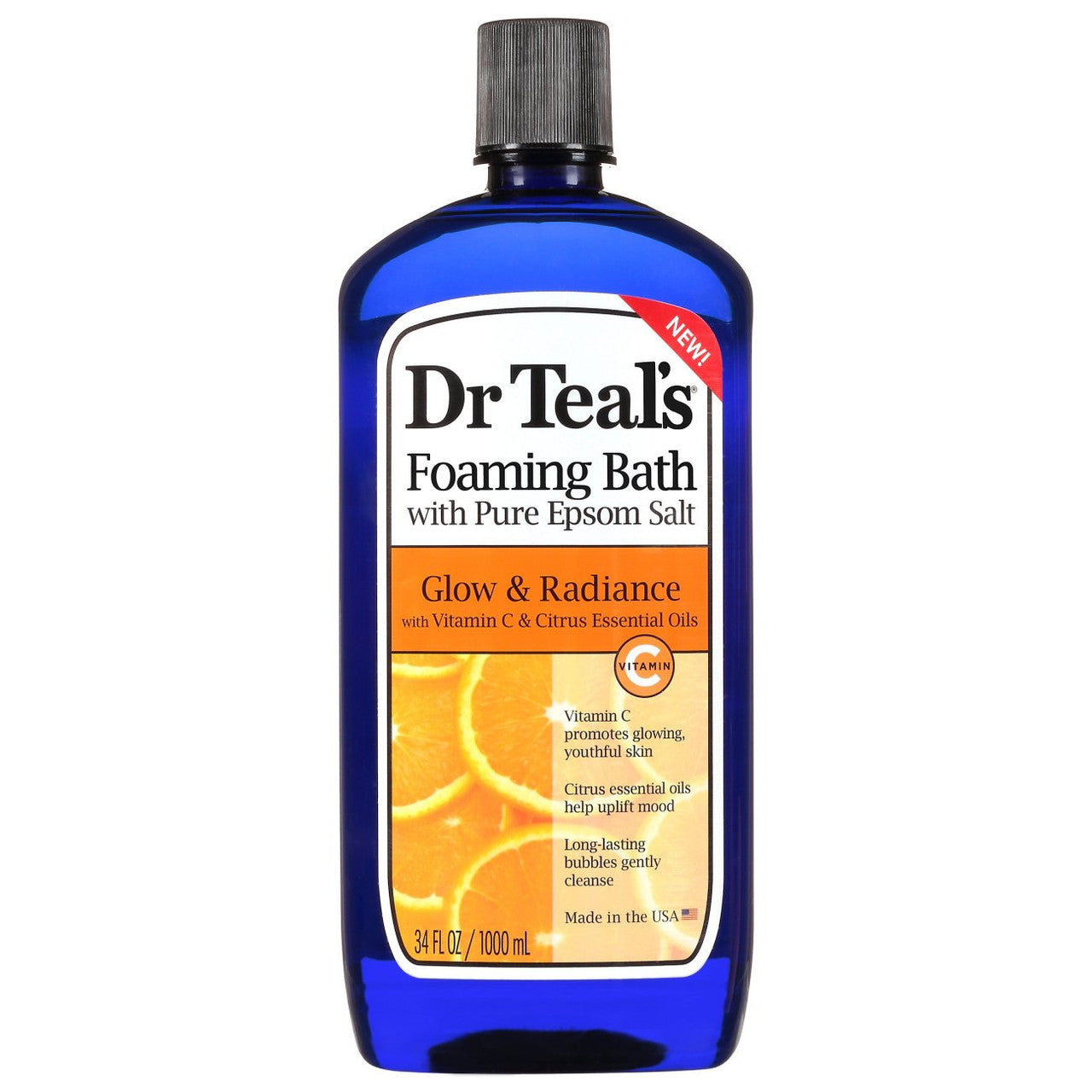 Dr Teal's Glow Radiance Foaming Bath with Epsom Salt in a 34 fl oz bottle, featuring a clear pump dispenser and white label.