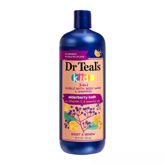 Dr Teal’s Kids 3-in-1 Elderberry bath and body product in 20 fl oz bottle, gentle and soothing for children.