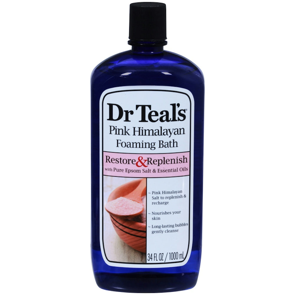 Dr Teal's Pink Himalayan Epsom salt foaming bath with essential oils in 34 fl oz bottle, ideal for relaxing bath routines.