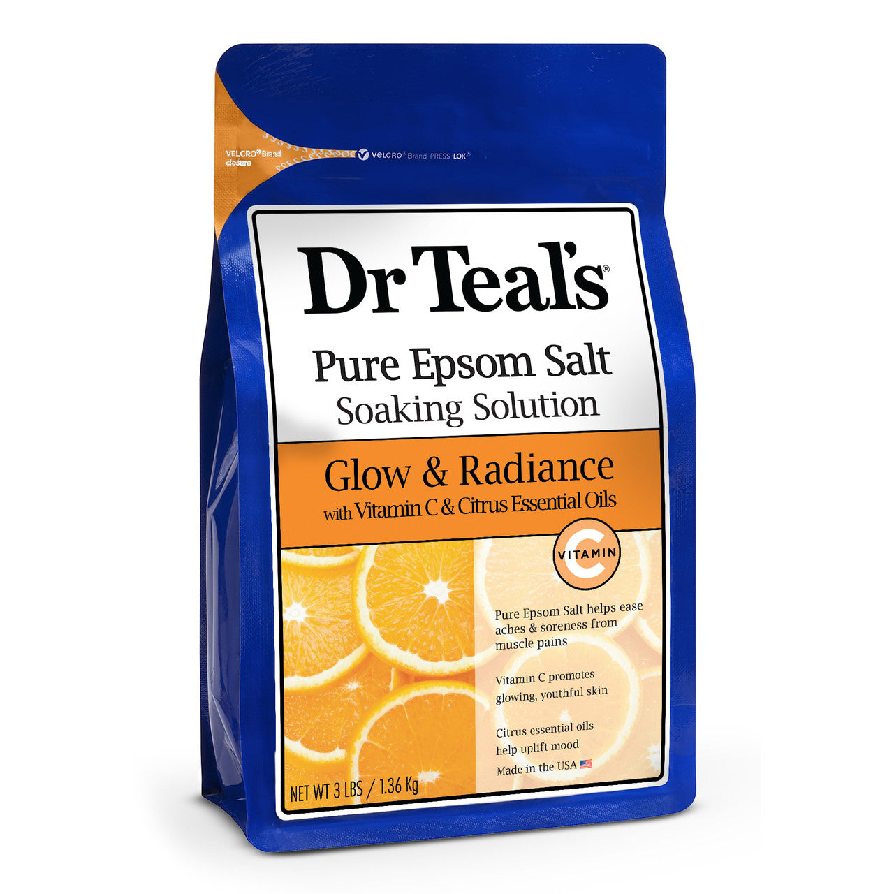 Dr Teal's Epsom Salt with Vitamin C and Citrus for glow and radiance, 3 lb, ideal for relaxing bath and skincare.