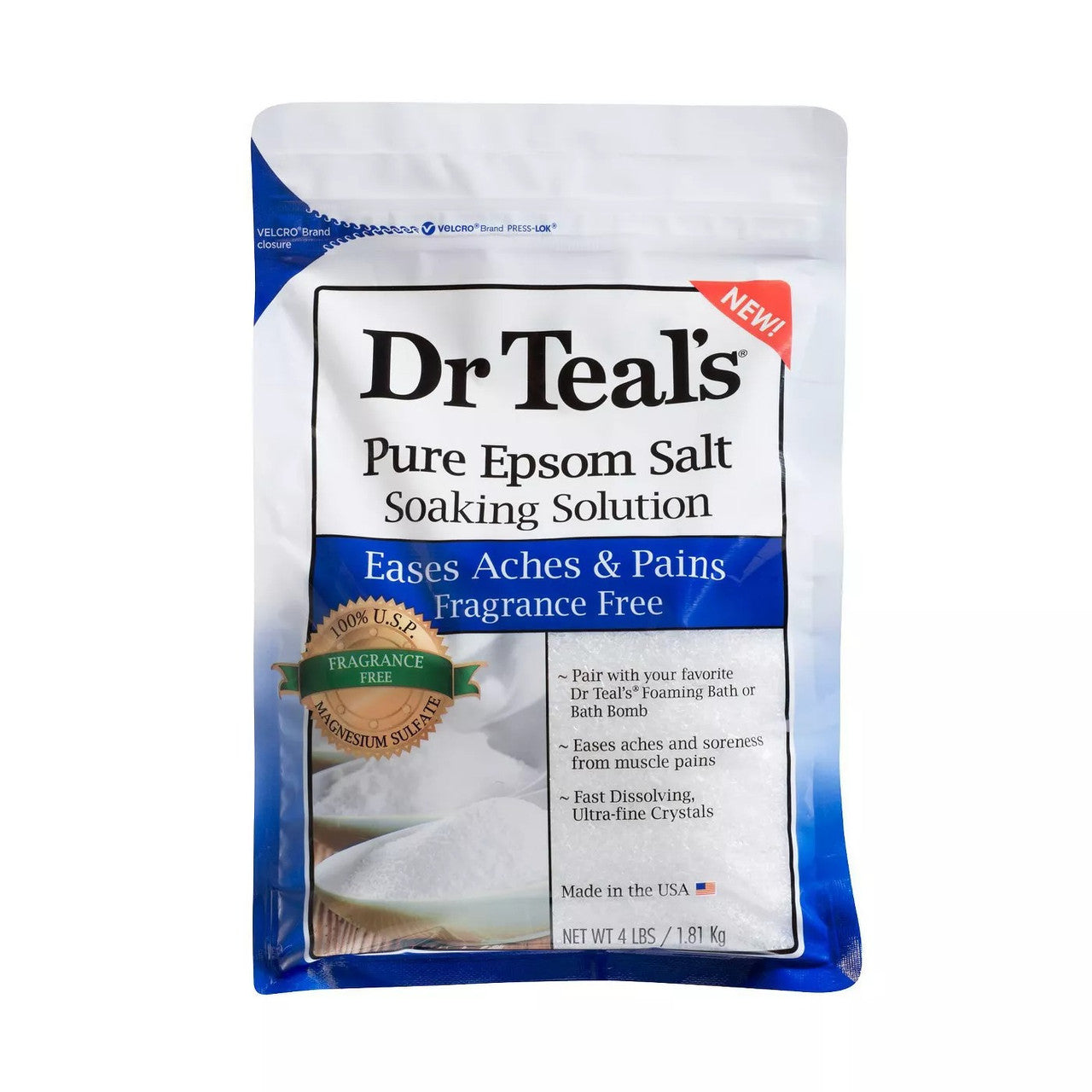 Fragrance-free Dr Teal's Epsom Salt soaking solution in a 4 lb container for bath and body use