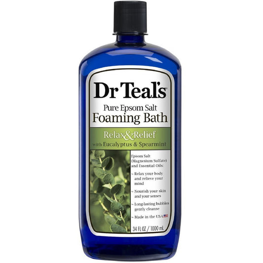 Dr Teal's Relax & Relief Foaming Bath in 34 fl oz bottle, soothing bath and body product with calming ingredients.