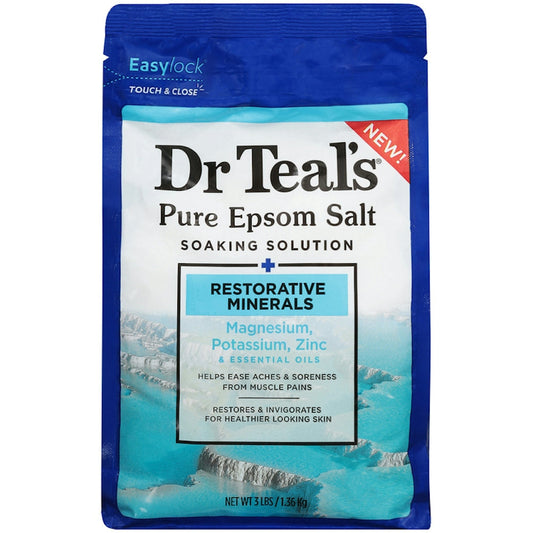 Dr Teal's Restorative Minerals Epsom Salt soaking solution in a white bottle for bath and body care.