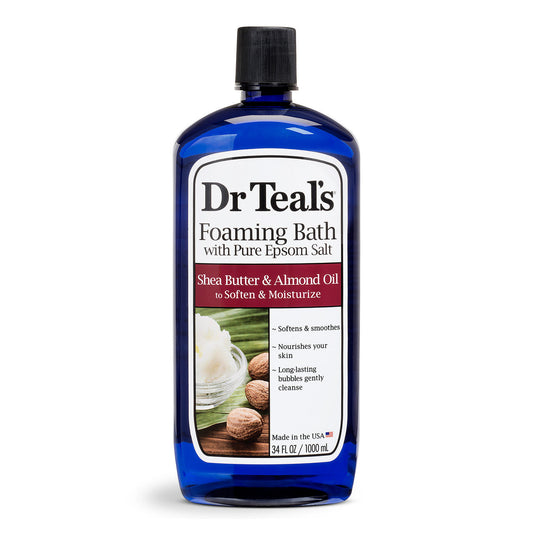 Dr Teal's Shea Butter & Almond Oil Foaming Bath with Epsom Salt in a 34 Fl Oz bottle, featuring a relaxing bath scene.