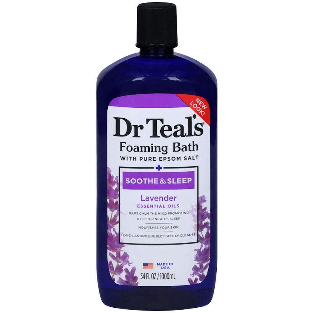 Dr Teal's Soothe & Sleep Lavender Foaming Bath with Epsom Salt in a 34 fl oz bottle, featuring lavender scent and relaxing bath foam.