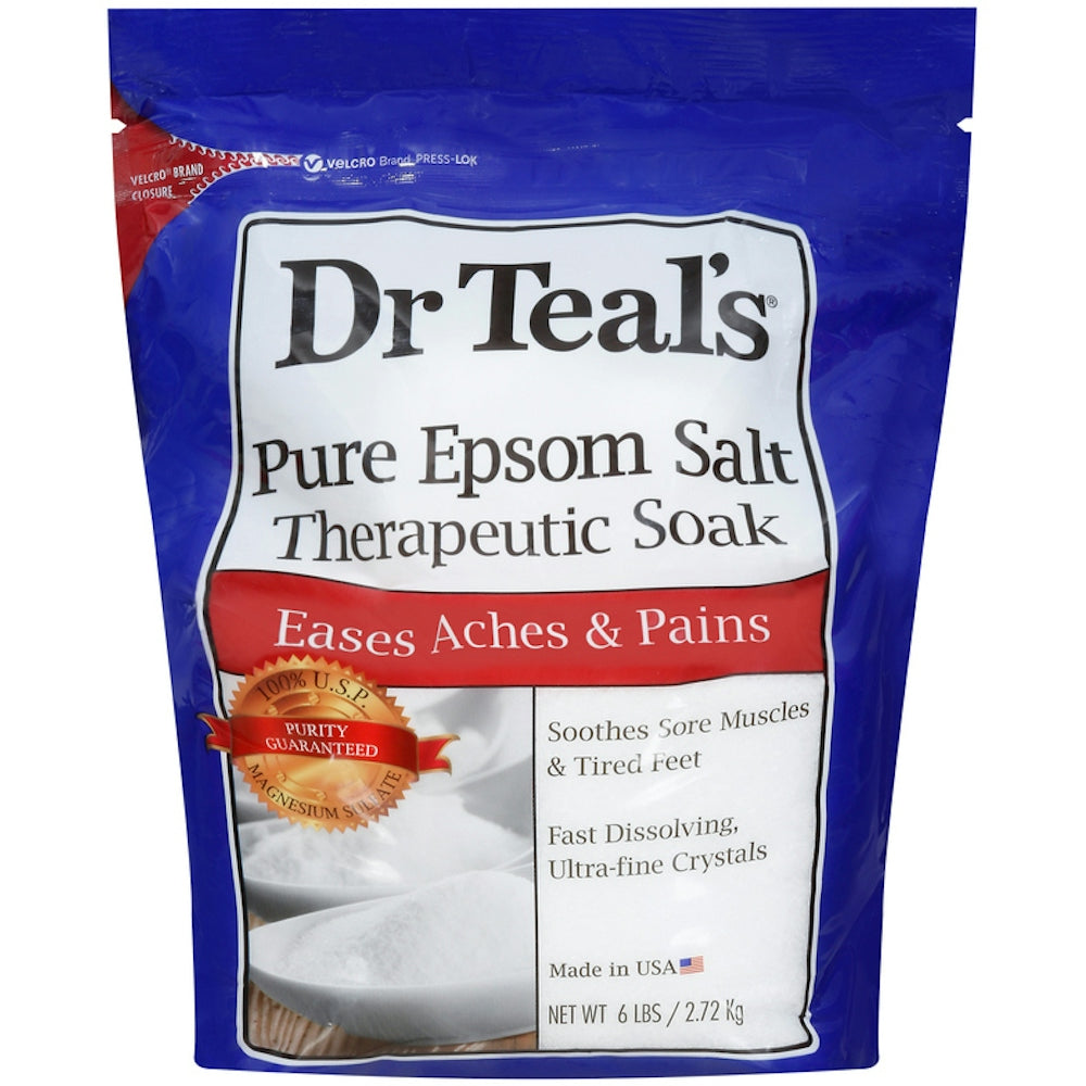 Dr Teal's Therapeutic Soak with Pure Epsom Salt in a 6 lb bag, used for soothing aches and pains in bath & body care.