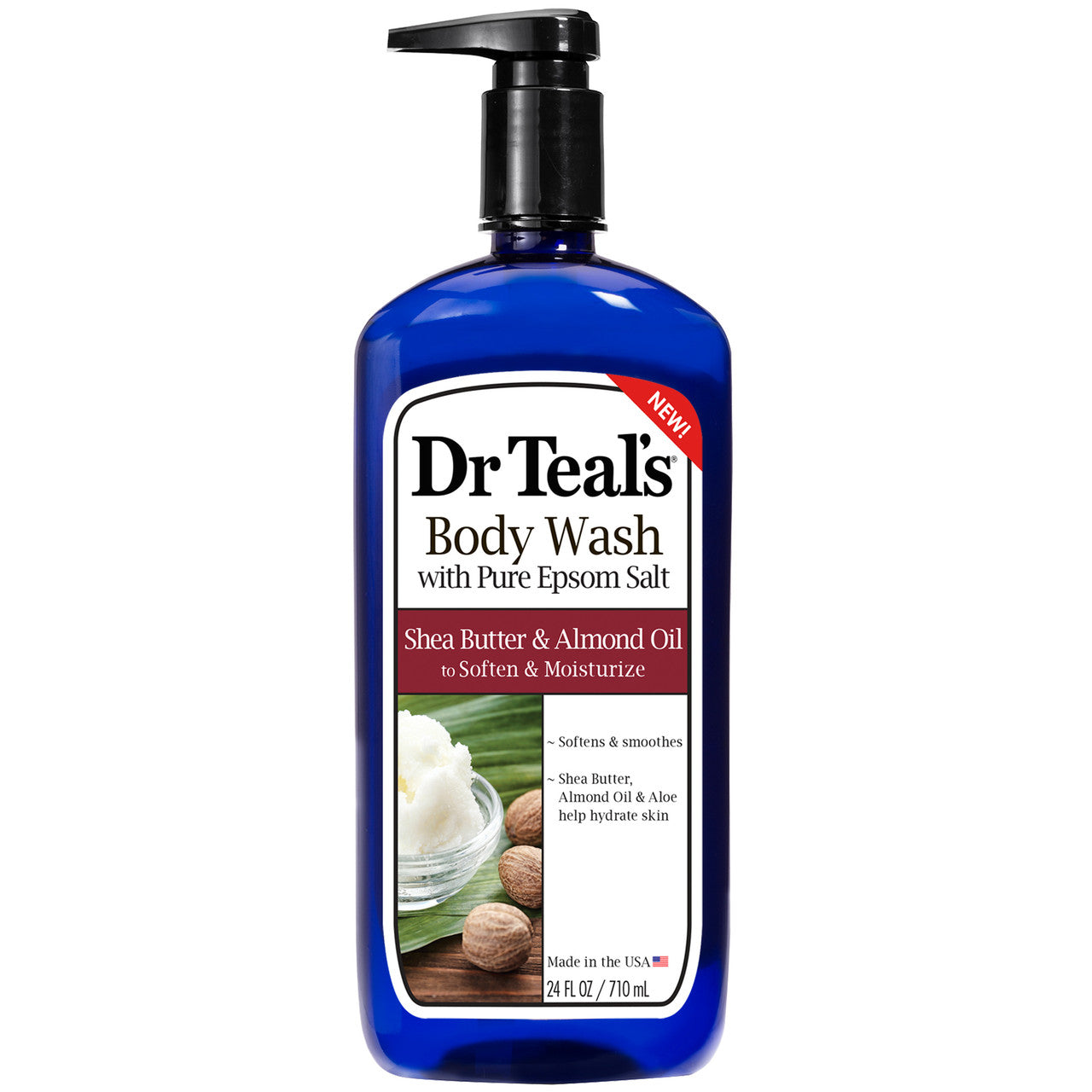 Dr Teal's Shea Butter & Almond Oil Body Wash in 24 oz pump bottle, with Epsom salt for soothing bath and body care.