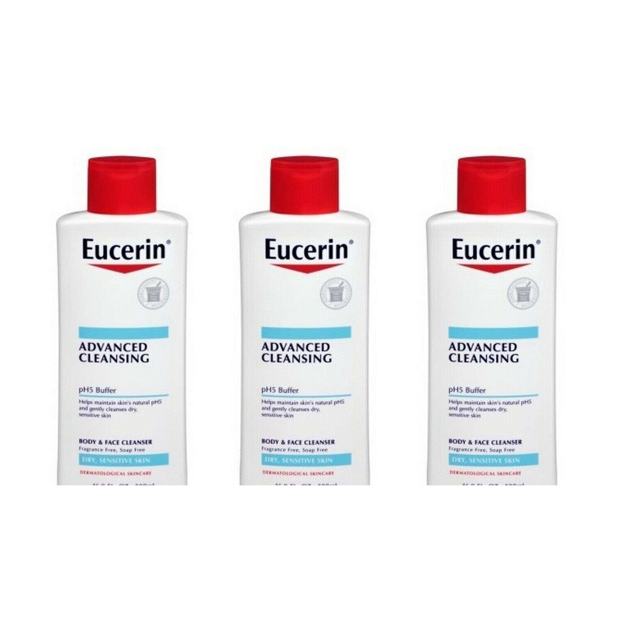 Eucerin Advanced Cleansing Body and Face Cleanser in 16.9 oz bottle, gentle bath and body skincare product by Pasteur Pharmacy