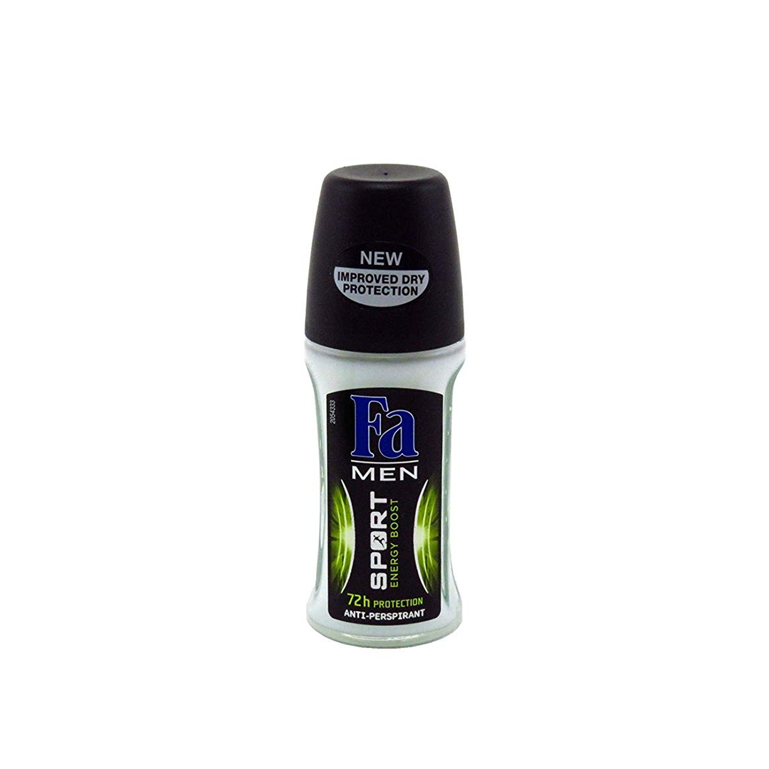 Men's FA Roll On Sport Energy Boost deodorant by Pasteur Pharmacy in a 50ml bottle, designed for active, energetic use.