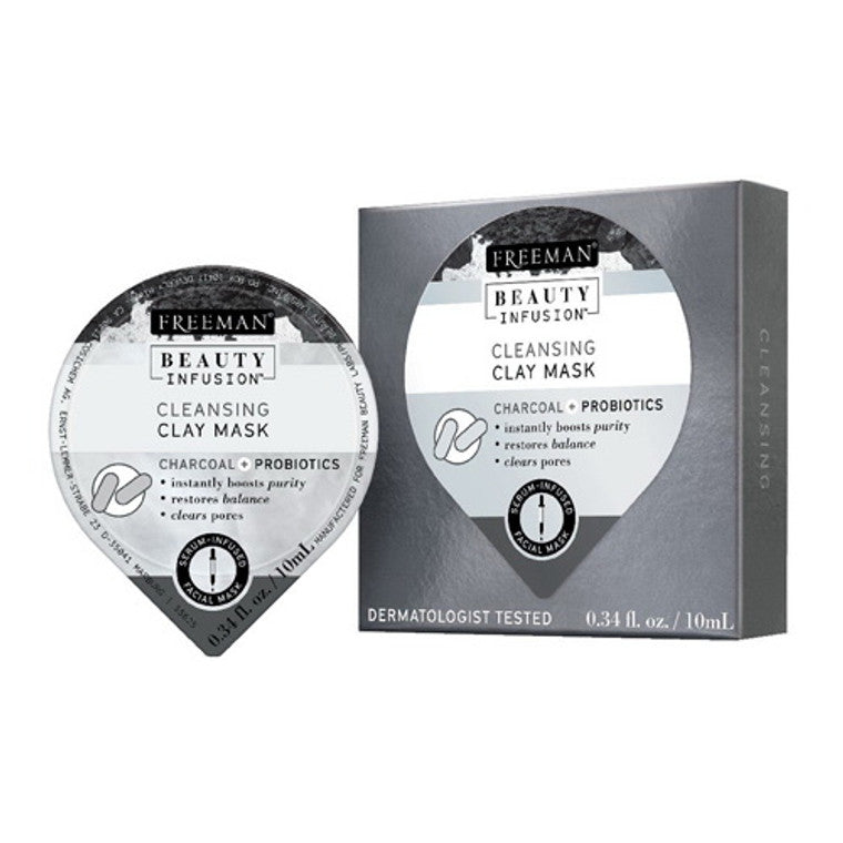 Freeman Skincare Beauty Infusion Charcoal and Probiotics Cleansing Clay Mask in 0.34 oz jar, designed for deep pore cleansing and skin detox.