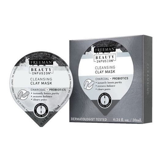 Freeman Skincare Beauty Infusion Charcoal and Probiotics Cleansing Clay Mask in 0.34 oz jar, designed for deep pore cleansing and skin detox.