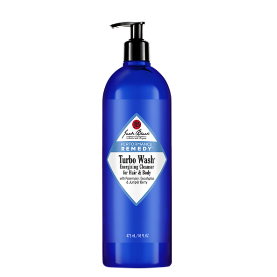 Jack Black Performance Remedy Turbo Wash energizing cleanser for hair and body, showing the bottle with label and pump dispenser.