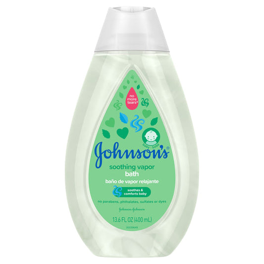 Johnson's Baby Soothing Vapor Bath for relaxing babies in a 13.6 fl oz bottle, part of Pasteur Pharmacy's bath and body products.