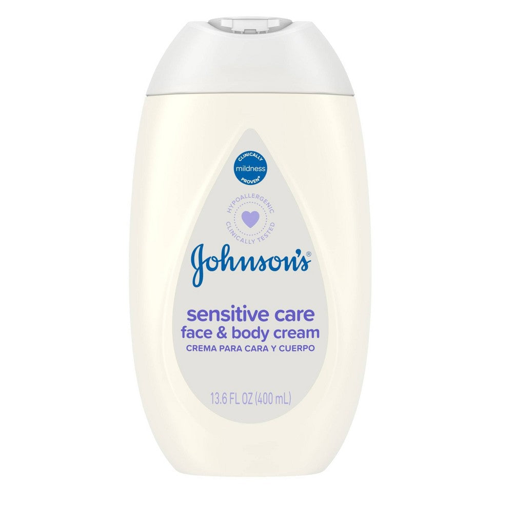 Johnson's Sensitive Care baby face and body cream in 13.5oz jar, gentle moisturizer for delicate skin, from Pasteur Pharmacy.