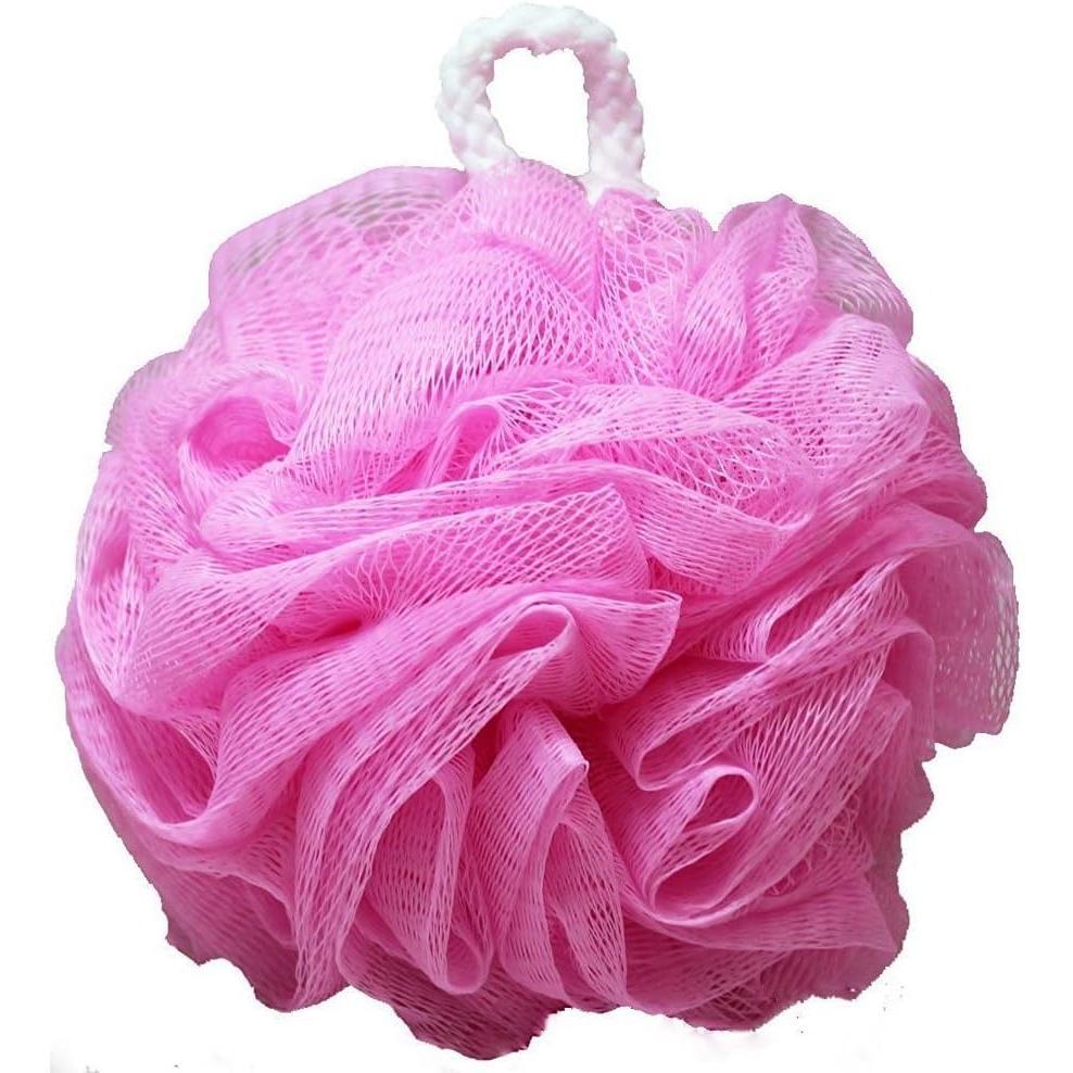 Pink nylon mesh body wash sponge with flower design, ideal for exfoliating and lathering during bath and body skincare routines.