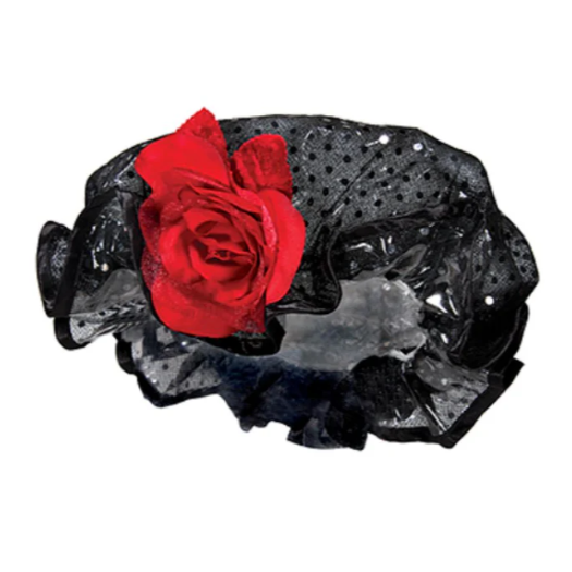 Black and red LA Indulgence shower cap by Pasteur Pharmacy, made of waterproof material for bath and body use.