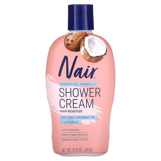 Nair Sensitive Hair Remover Shower Power with Coconut Oil and Vitamin E in a 12.6oz bottle, for gentle hair removal in the bath or shower.