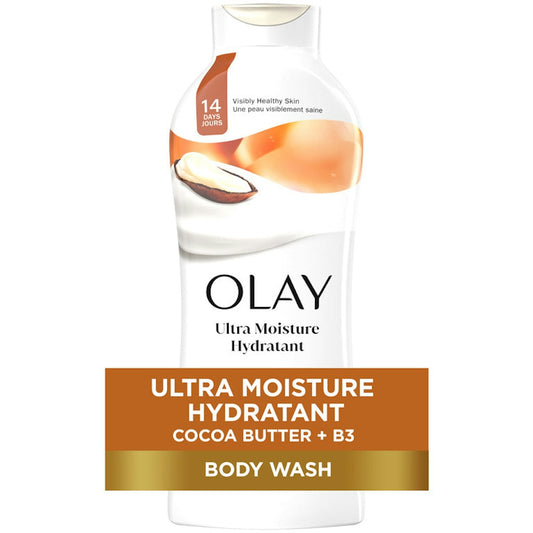 Olay Ultra Moisture Body Wash with Cocoa Butter in a pump bottle, designed for nourishing and hydrating skin during bath or shower.